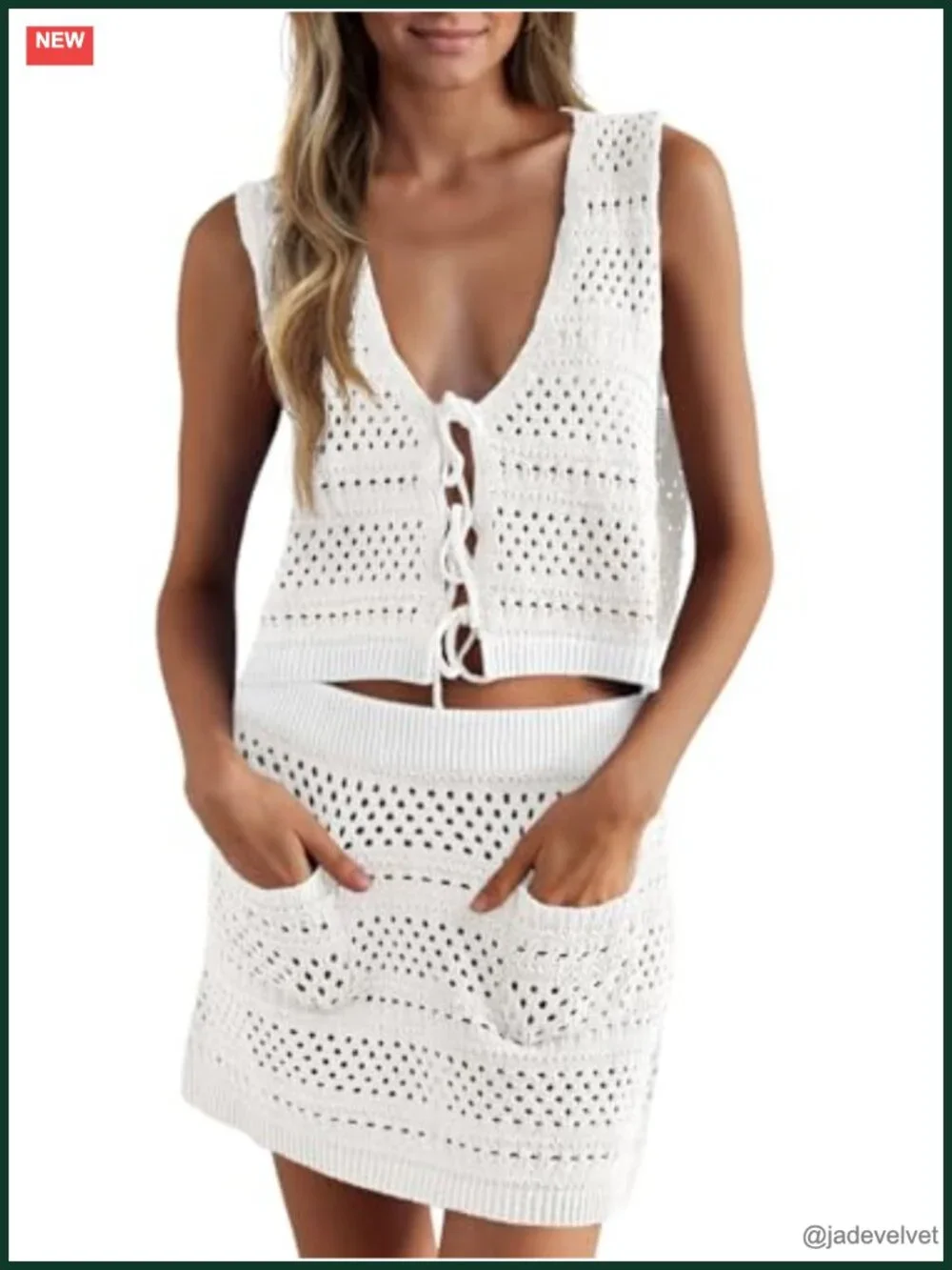 Crochet 2 Piece Swim Cover Up Set: V Neck Crop Top & Mini Skirt